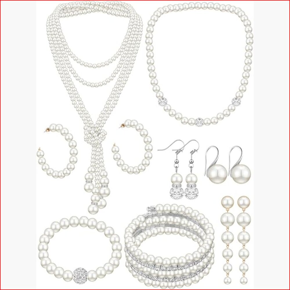 8 Piece Pearl Jewelry Set with Rhinestones for Wedding Party